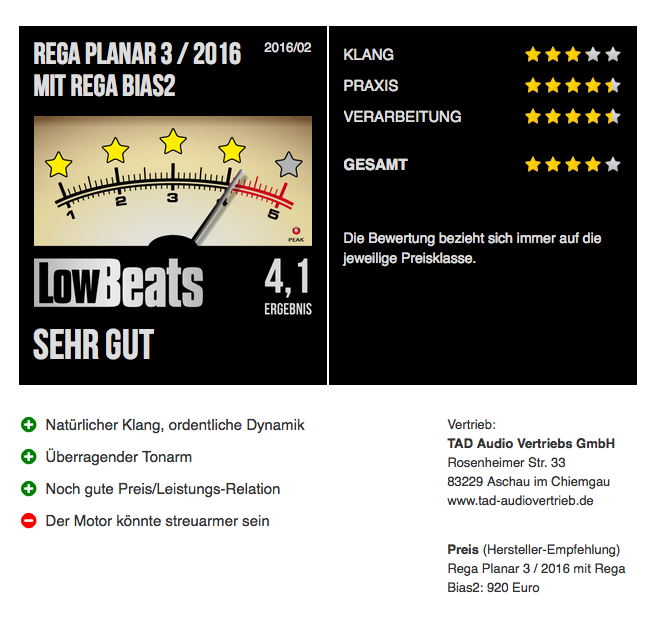 LowBeats Bewertung Rega Planar 3-2016 mit Bias2