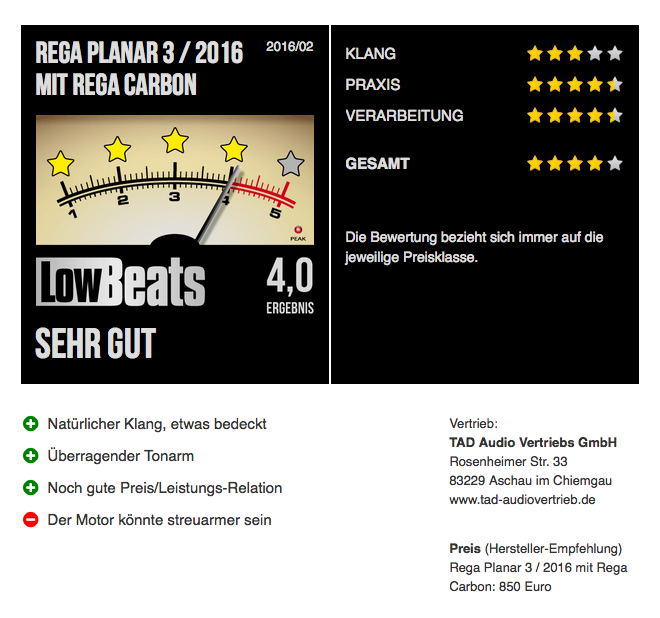 LowBeats Bewertung Rega Planar 3-2016 mit Rega Carbon