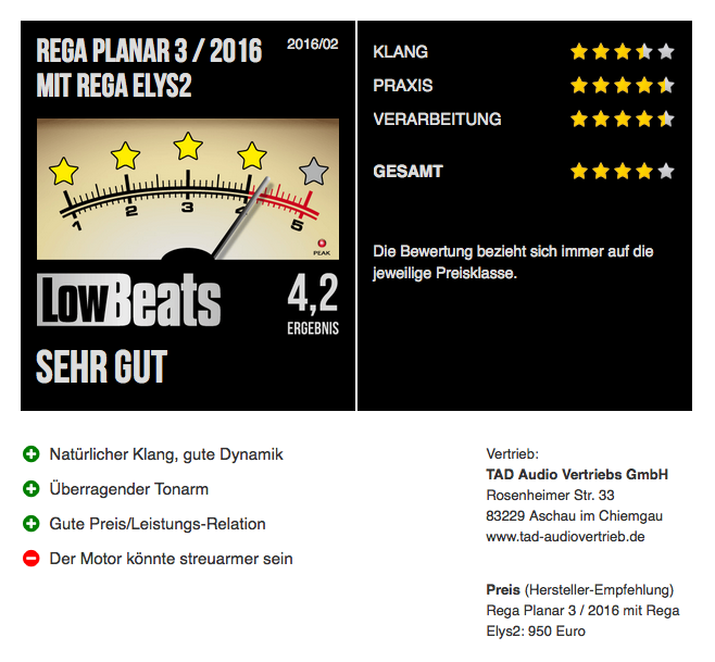 LowBeats Bewertung Rega Planar 3-2016 plus Elys2