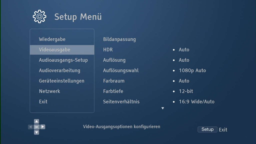 Setup-Menü mit neuen Ultra-HD-Funktionen