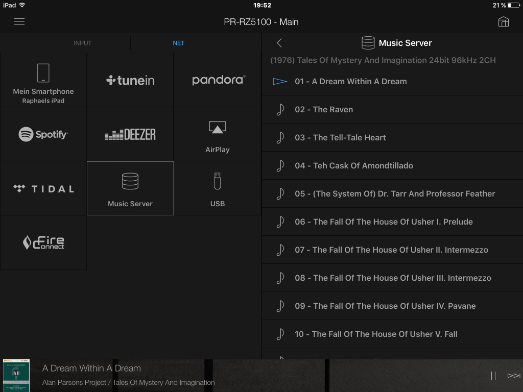 iPad App: Wahl der Musikquelle und Playlist
