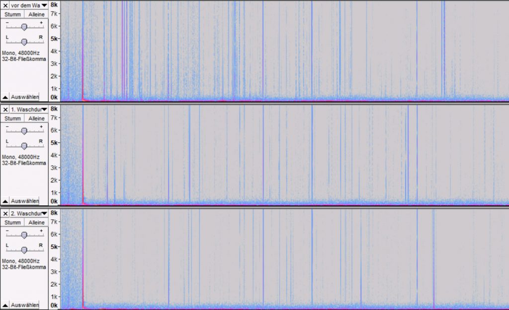 Leerrille einer LP: Spektrogramm nur trocken gebürstet (oben), nach einer Wäsche mit Pro-Ject VC S2 (mitte) und nach einer zweiten Wäsche (Foto; R. Vogt)