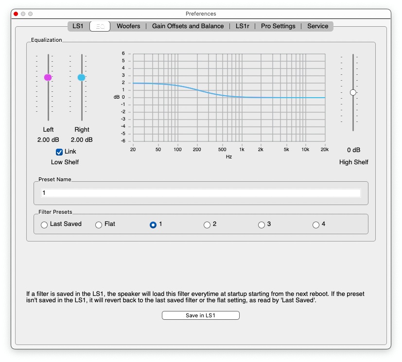 Grimm Audio LS1 setup software EQ table
