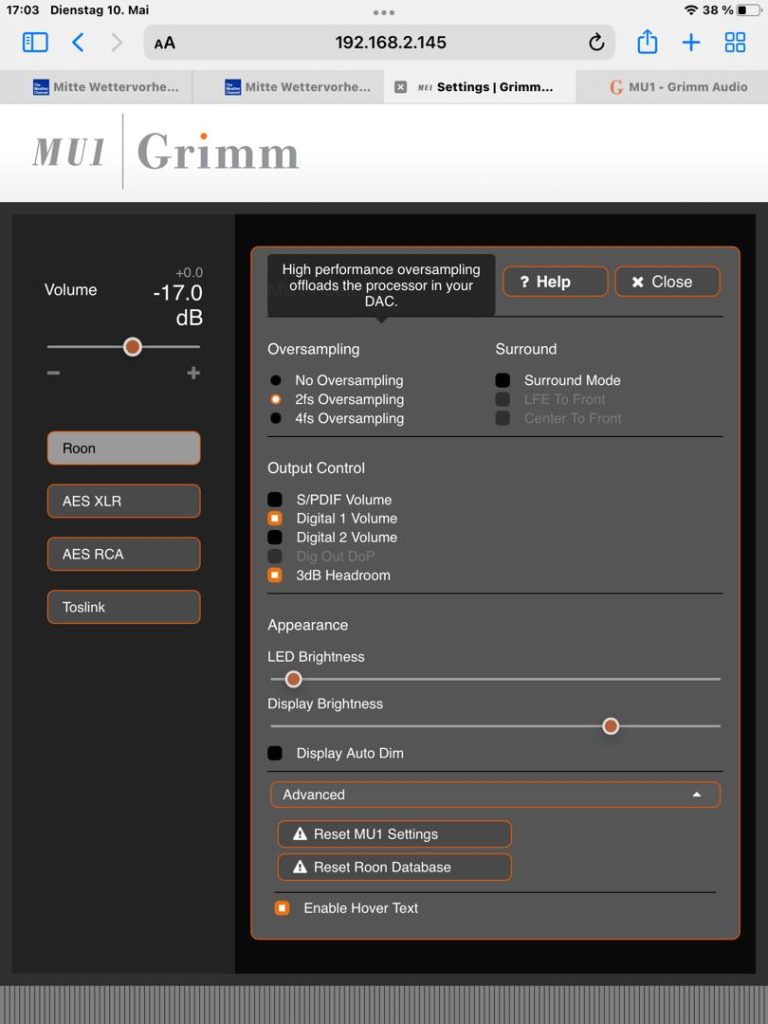 Grimm Audio MU1 iPad Setup-Menü 2