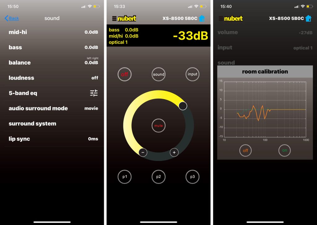 Die Nubert App erlaubt neben manueller Klangregelung auch eine automatische Einmessung (rechts) die das Mikrofon des Smartphones verwendet (Fotos: S. Schickedanz)