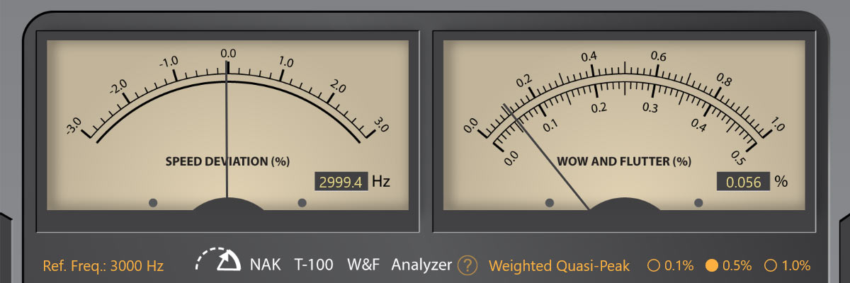 Gleichlaufmessung mit dem Analyzer: Der 3kHz-Referenzton weicht beim Nakamichi Dragon aus eigener Aufnahme praktisch nicht ab, der Gleichlauf ist für Cassette perfekt mit nur 0,056% Abweichung (Messung: LowBeats)