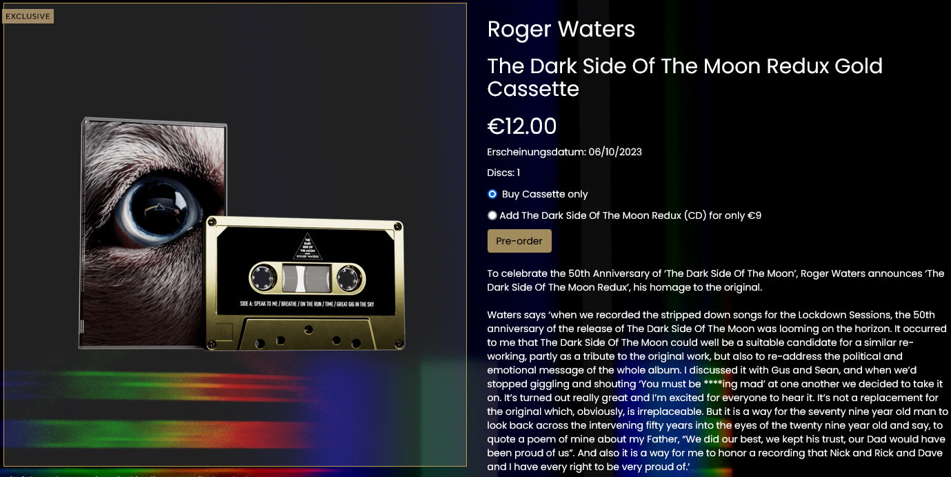 Roger Waters "Dark Side Of The Moon Redux" kann man auch auf Cassette ordern (Foto: R. Waters)