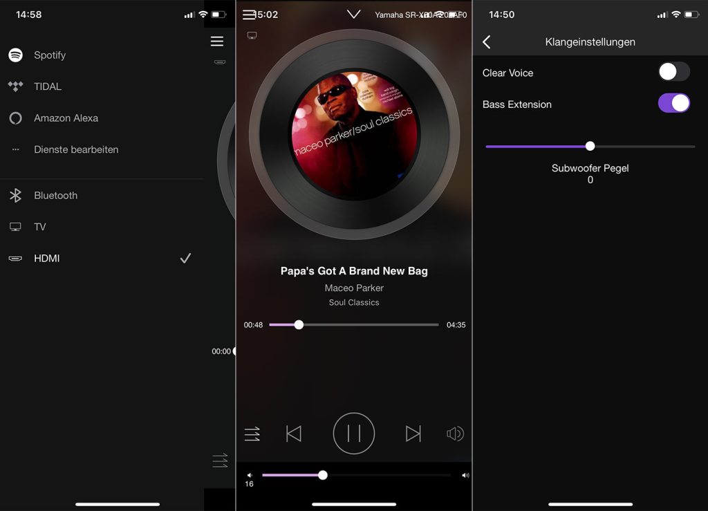 Drei Screenshots der Yamaha App zur Bedienung und für Musik-Streaming Foto: R. Vogt)